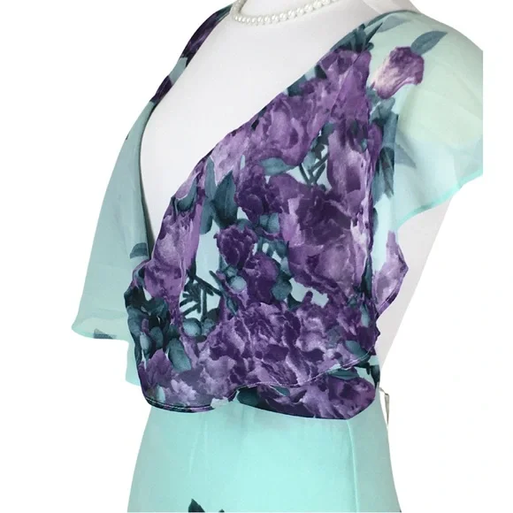 Luxxel Turquoise Lavender Fields Surplice Neckline Open Back Maxi Dress sz Small - Picture 5 of 16